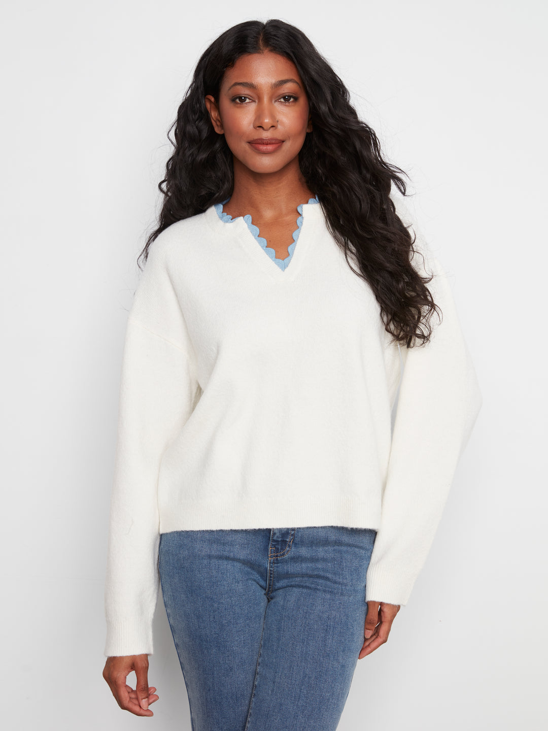 Long Sleeve Drop Shoulder V-Notch Neckline Sweater With Woven Neck Trim
