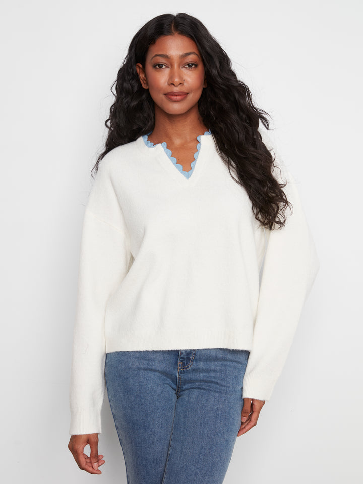 Long Sleeve Drop Shoulder V-Notch Neckline Sweater With Woven Neck Trim