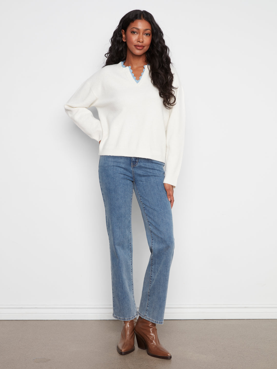 Long Sleeve Drop Shoulder V-Notch Neckline Sweater With Woven Neck Trim