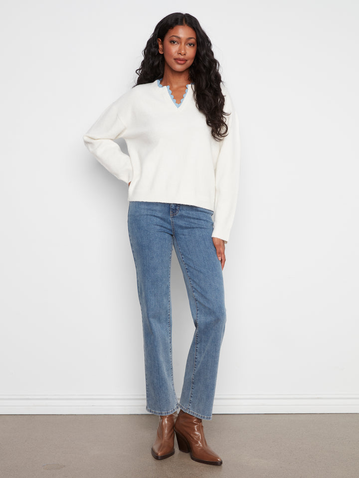 Long Sleeve Drop Shoulder V-Notch Neckline Sweater With Woven Neck Trim