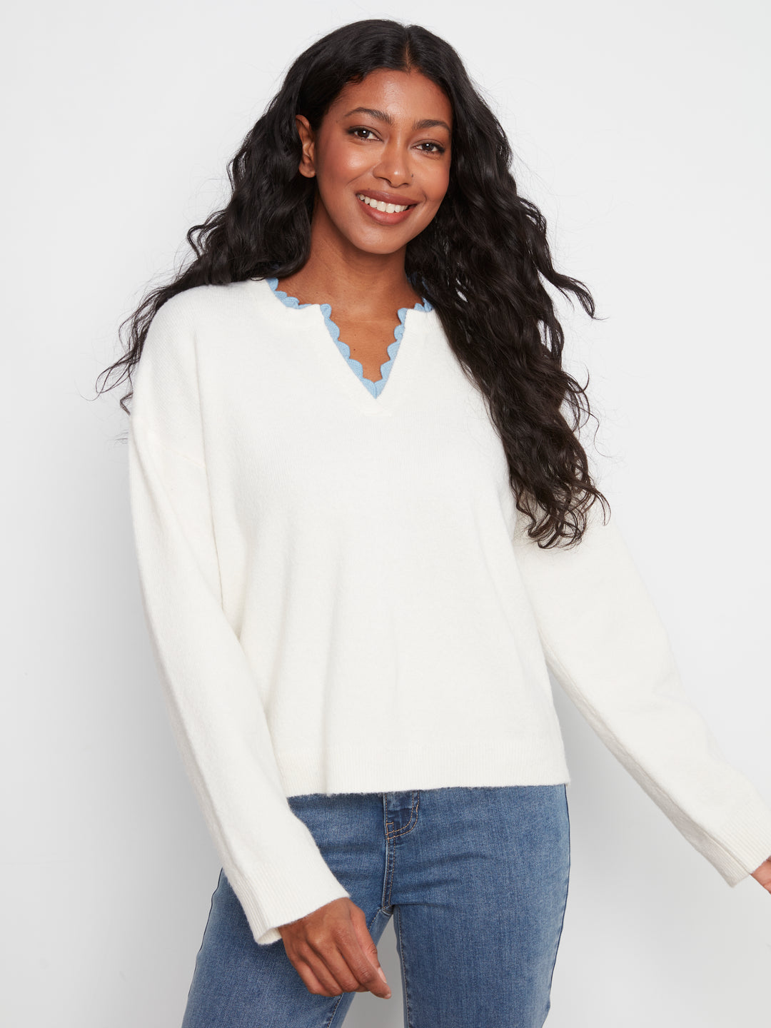 Long Sleeve Drop Shoulder V-Notch Neckline Sweater With Woven Neck Trim