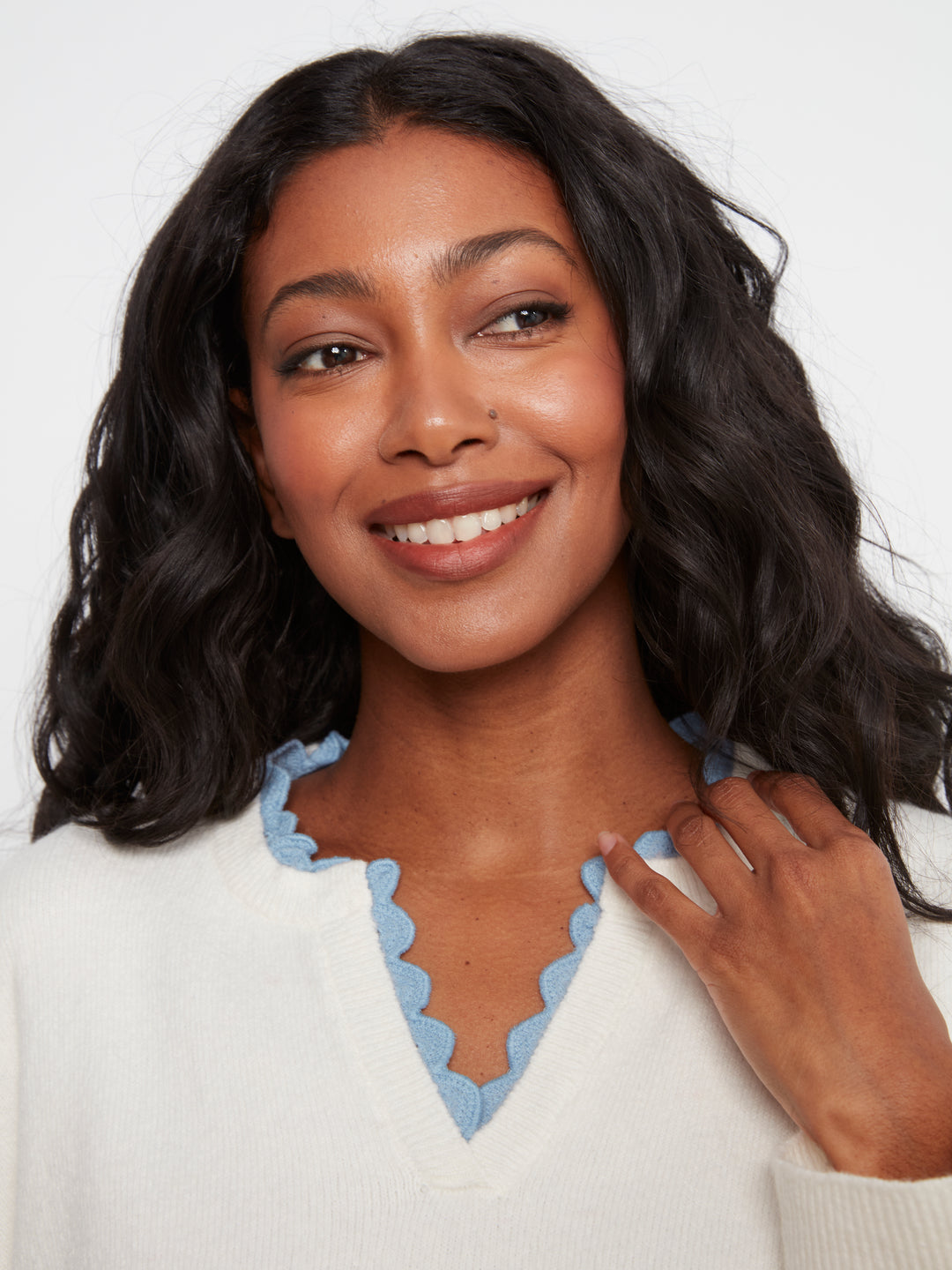 Long Sleeve Drop Shoulder V-Notch Neckline Sweater With Woven Neck Trim