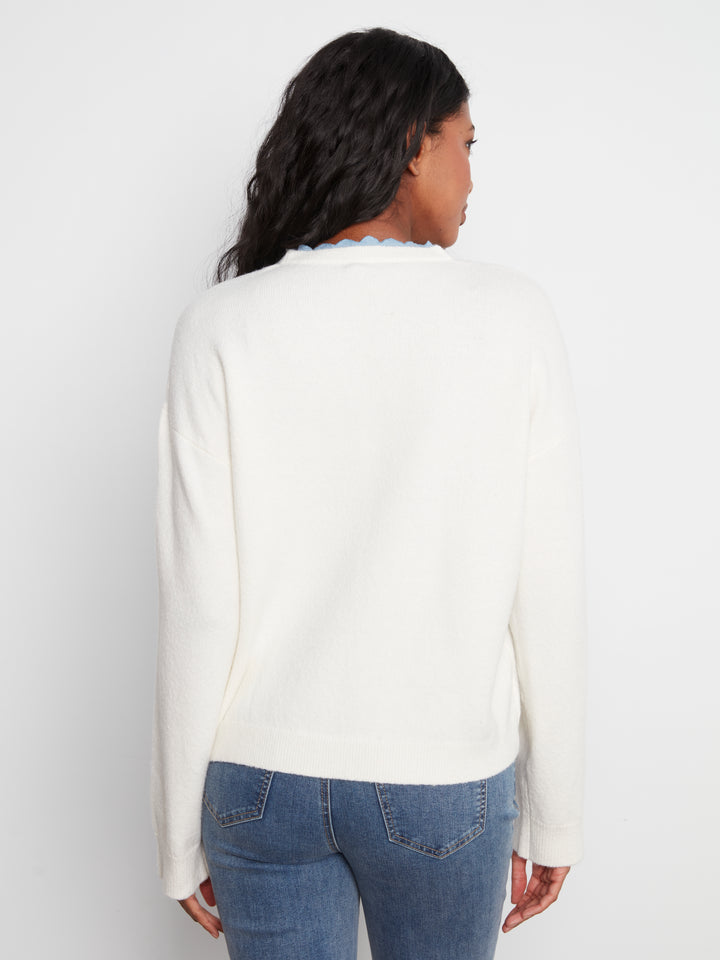 Long Sleeve Drop Shoulder V-Notch Neckline Sweater With Woven Neck Trim