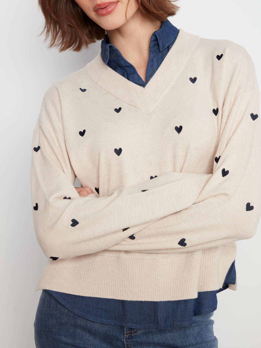 Long Sleeve Drop Shoulder Sweater With Woven Shirt Collar And Bottom Woven pc
