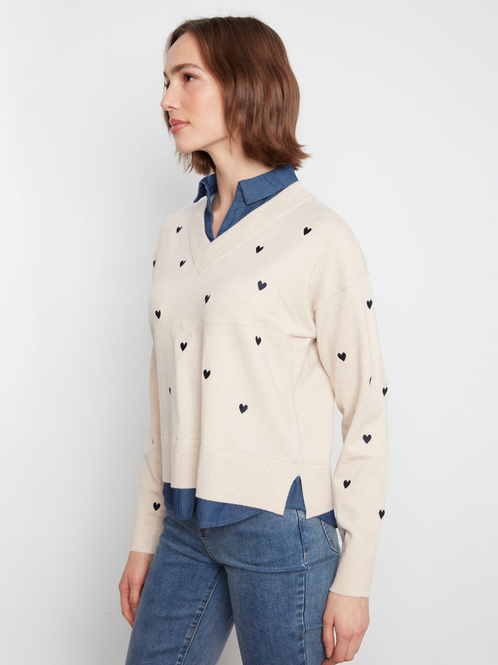 Long Sleeve Drop Shoulder Sweater With Woven Shirt Collar And Bottom Woven pc