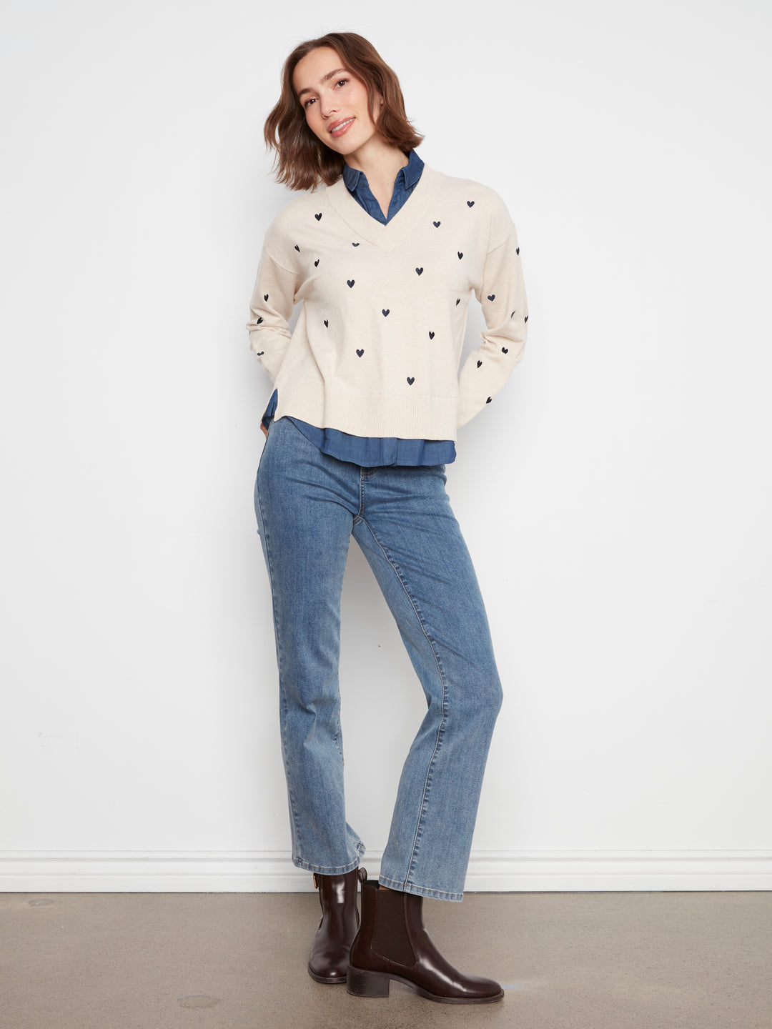Long Sleeve Drop Shoulder Sweater With Woven Shirt Collar And Bottom Woven pc