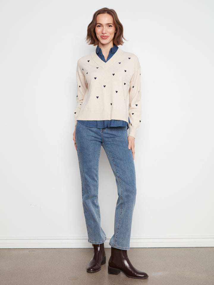 Long Sleeve Drop Shoulder Sweater With Woven Shirt Collar And Bottom Woven pc