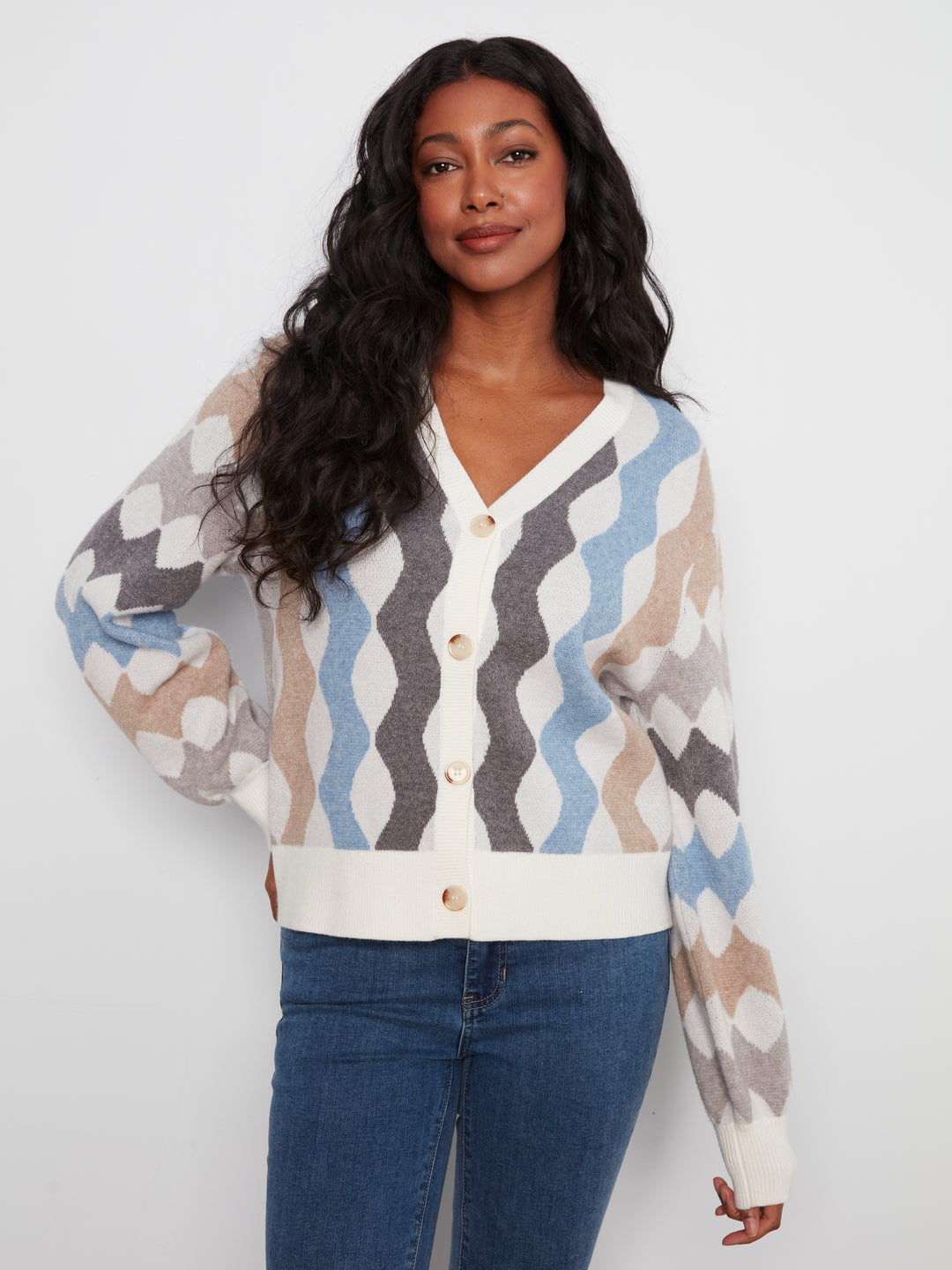 Long Sleeve V Neck Jacquard Sweater Cardigan WIth Buttons