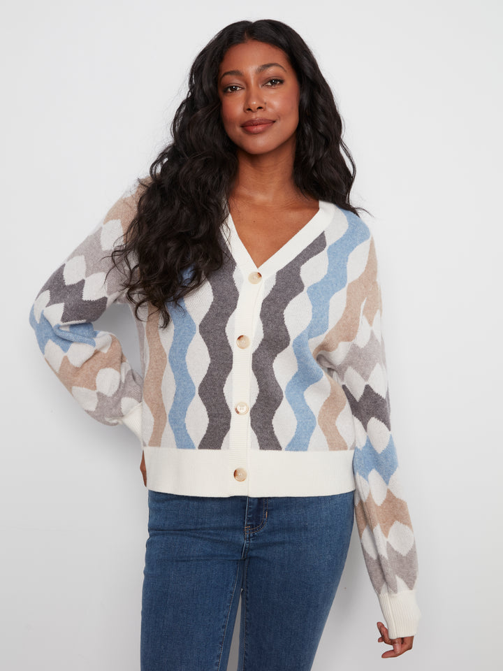 Long Sleeve V Neck Jacquard Sweater Cardigan WIth Buttons