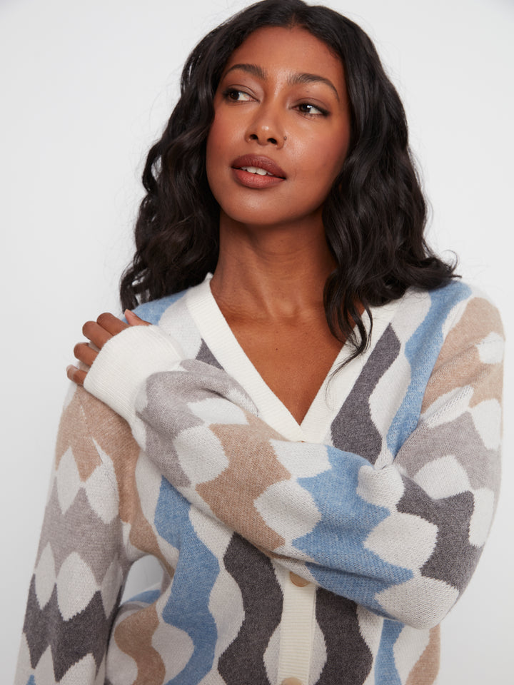 Long Sleeve V Neck Jacquard Sweater Cardigan WIth Buttons