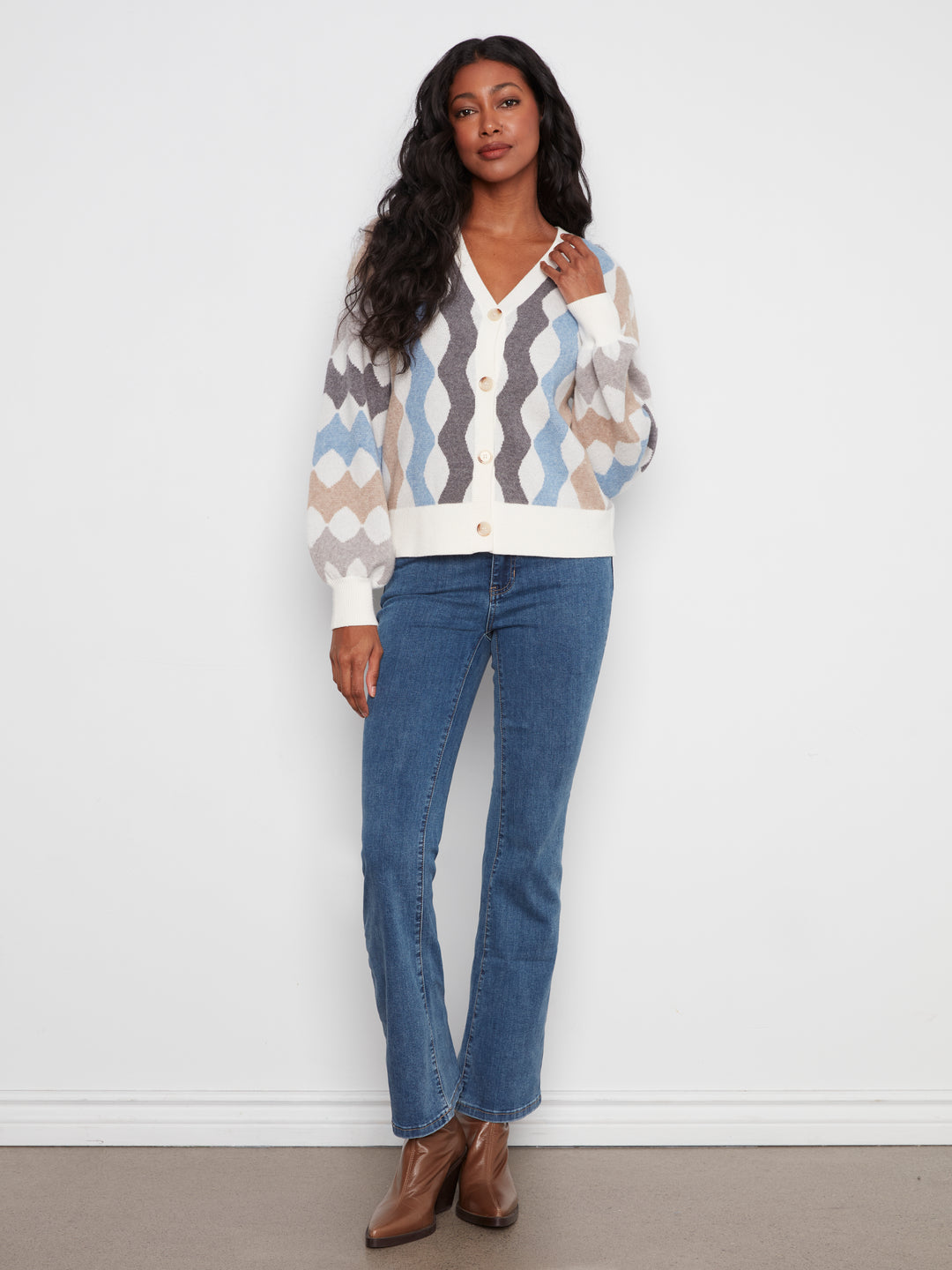 Long Sleeve V Neck Jacquard Sweater Cardigan WIth Buttons