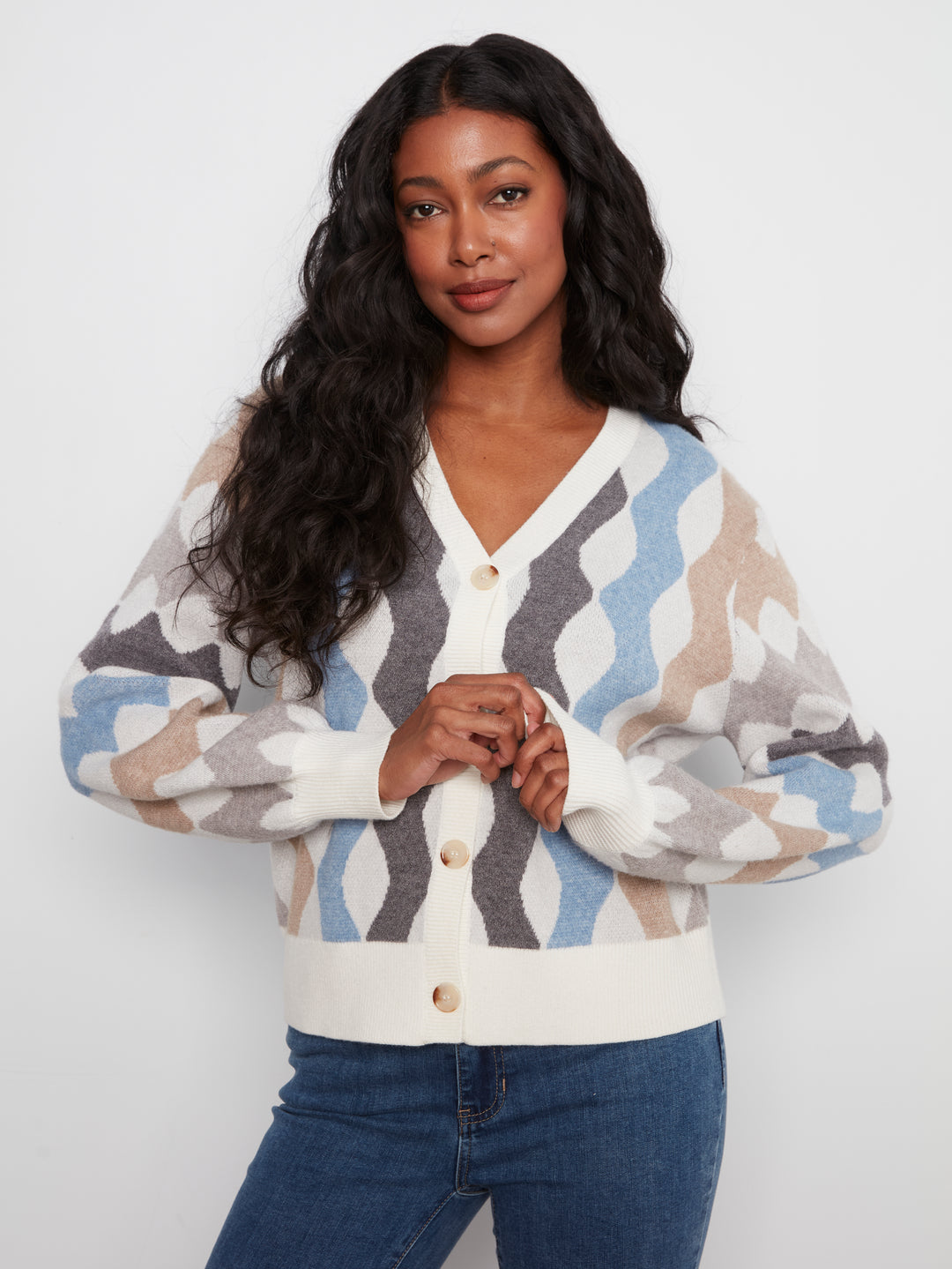 Long Sleeve V Neck Jacquard Sweater Cardigan WIth Buttons