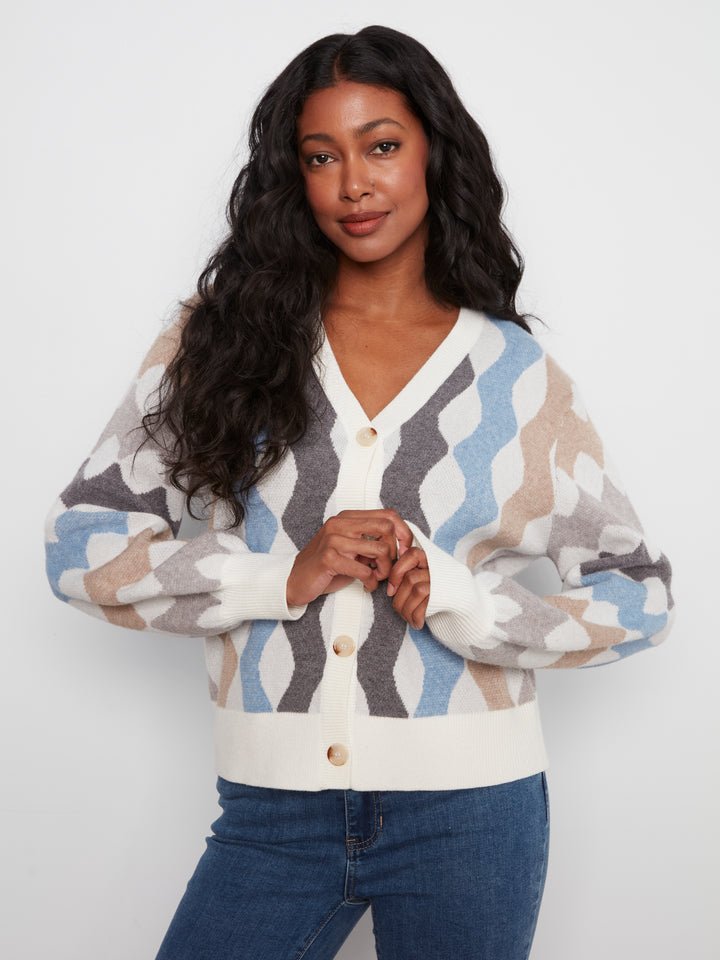 Long Sleeve V Neck Jacquard Sweater Cardigan WIth Buttons