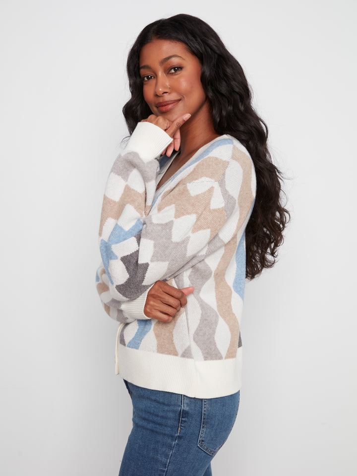 Long Sleeve V Neck Jacquard Sweater Cardigan WIth Buttons