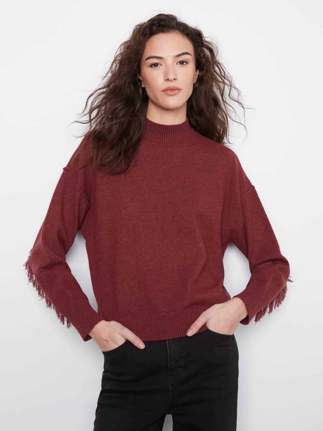 Long Sleeve Drop Shoulder Mock Neck Sweater With Fringes Detail At Back