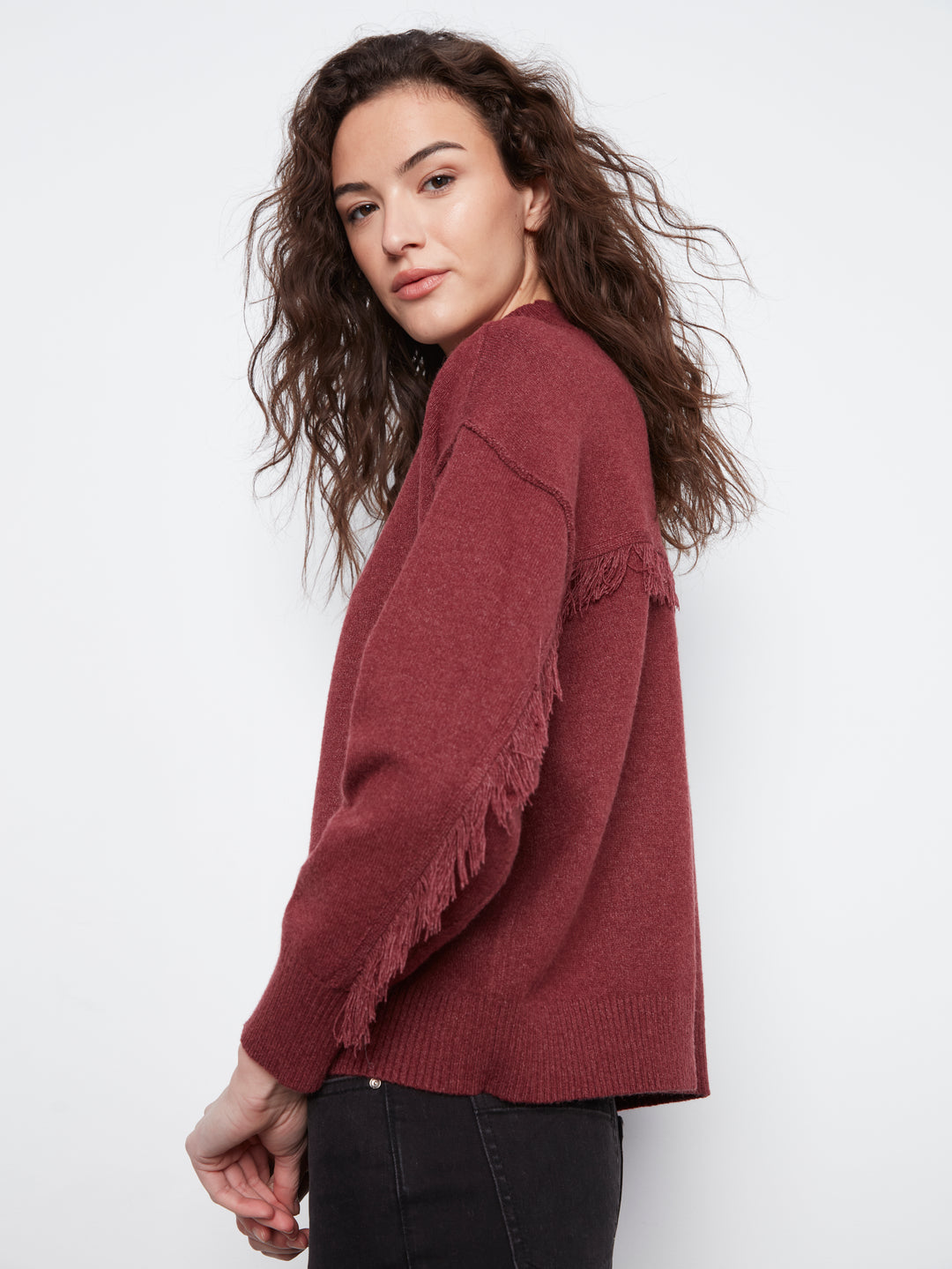 Long Sleeve Drop Shoulder Mock Neck Sweater With Fringes Detail At Back