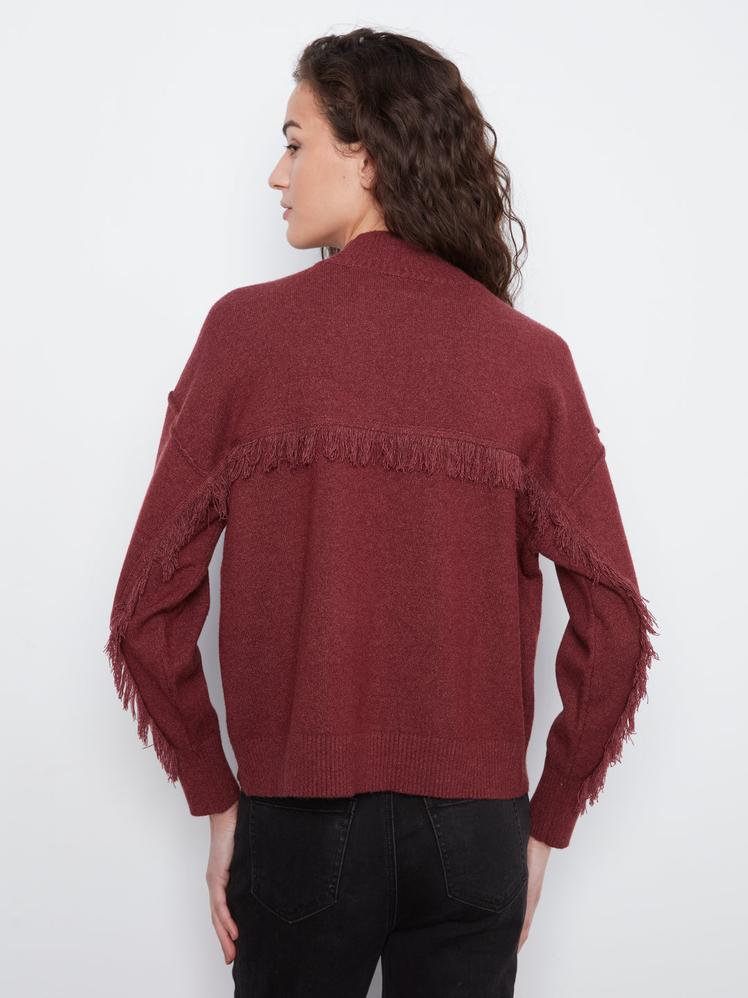 Long Sleeve Drop Shoulder Mock Neck Sweater With Fringes Detail At Back