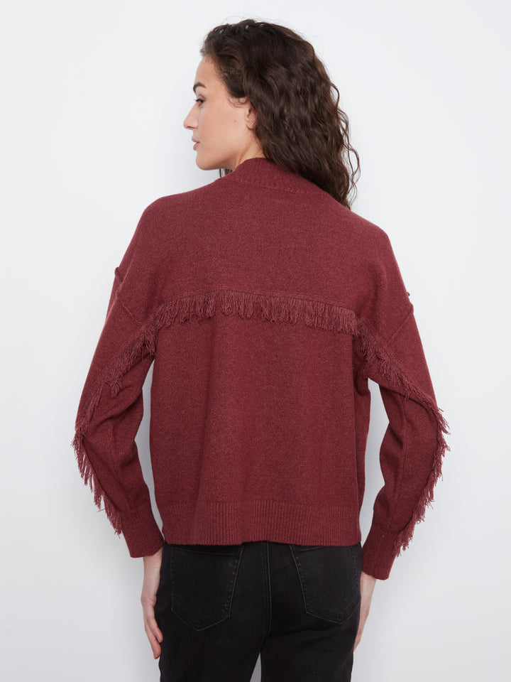 Long Sleeve Drop Shoulder Mock Neck Sweater With Fringes Detail At Back