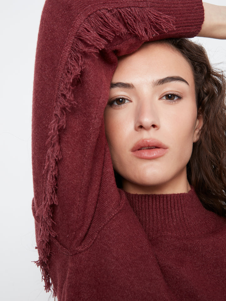 Long Sleeve Drop Shoulder Mock Neck Sweater With Fringes Detail At Back