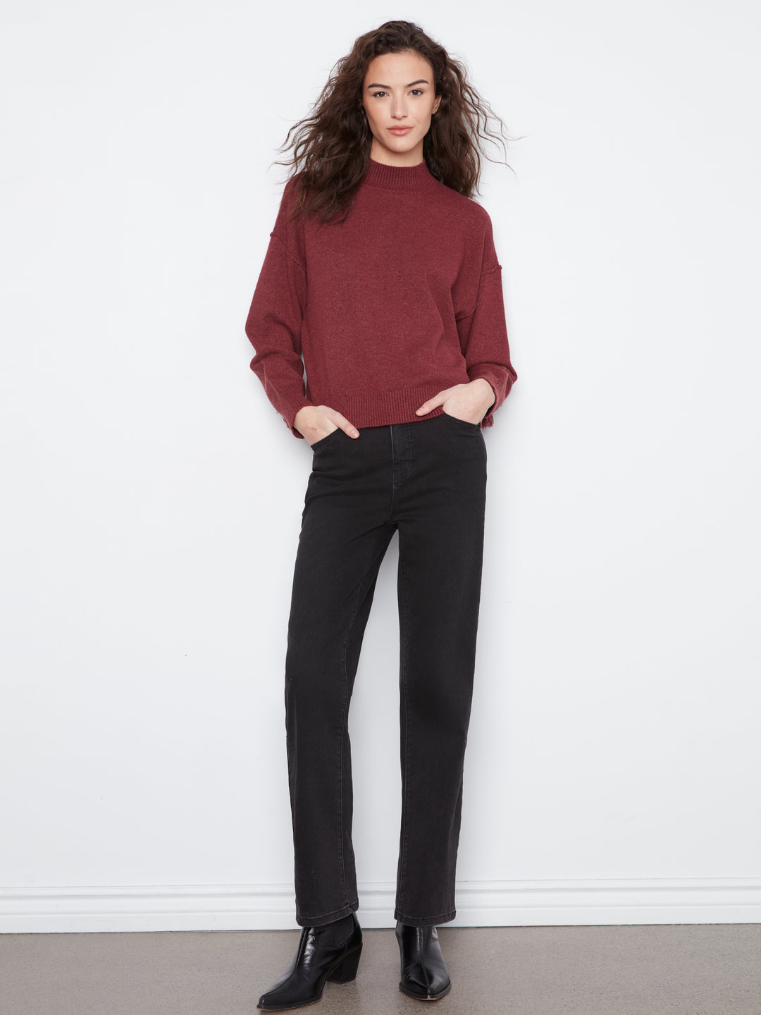 Long Sleeve Drop Shoulder Mock Neck Sweater With Fringes Detail At Back