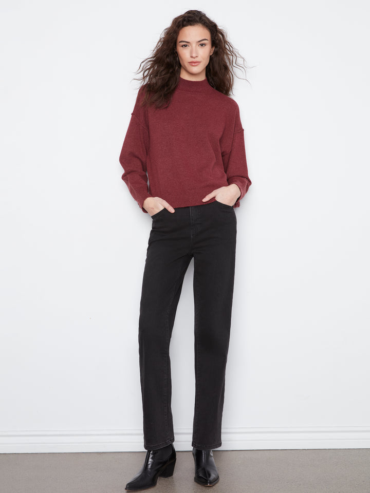 Long Sleeve Drop Shoulder Mock Neck Sweater With Fringes Detail At Back
