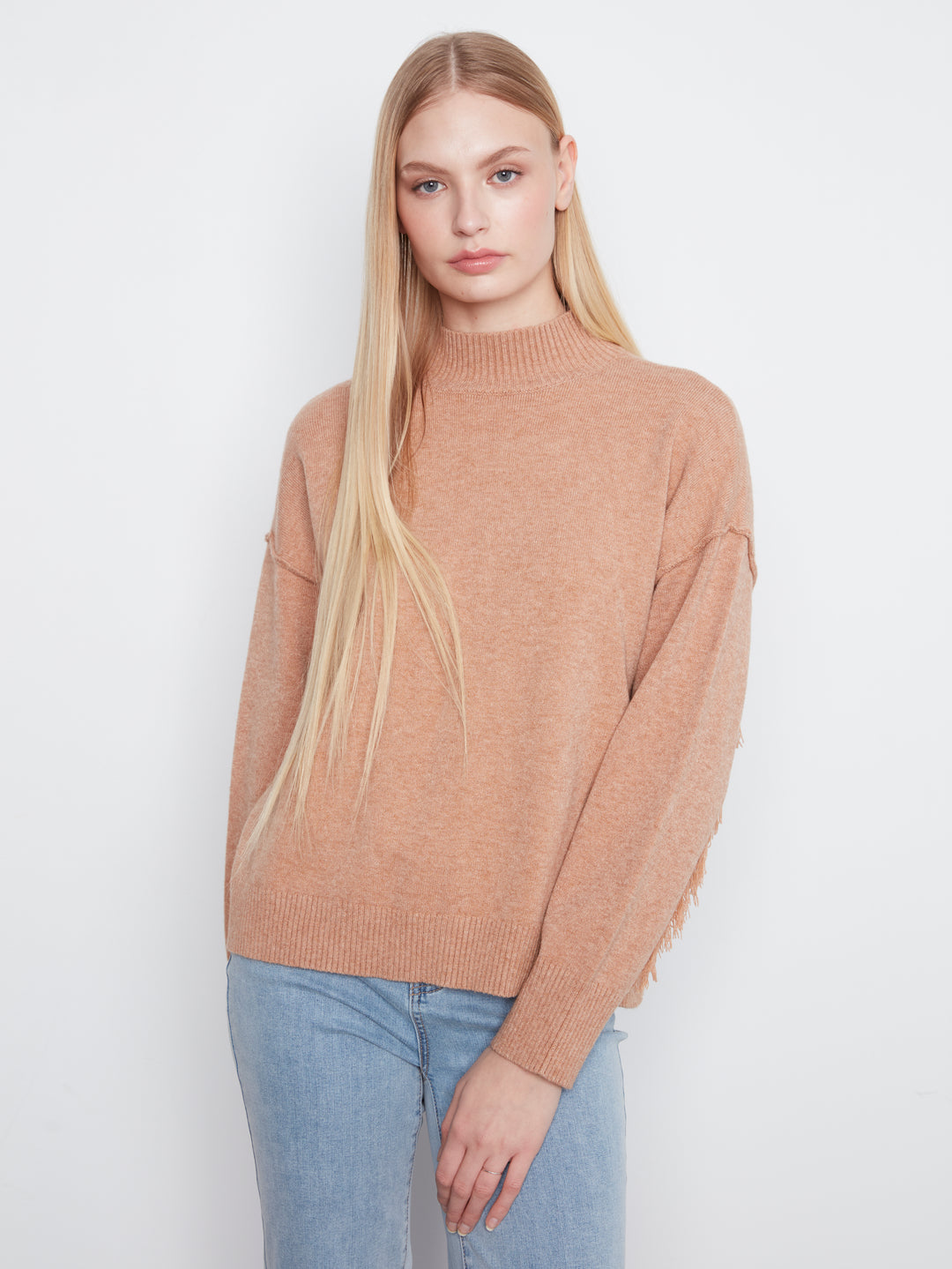 Long Sleeve Drop Shoulder Mock Neck Sweater With Fringes Detail At Back