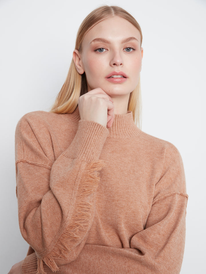 Long Sleeve Drop Shoulder Mock Neck Sweater With Fringes Detail At Back