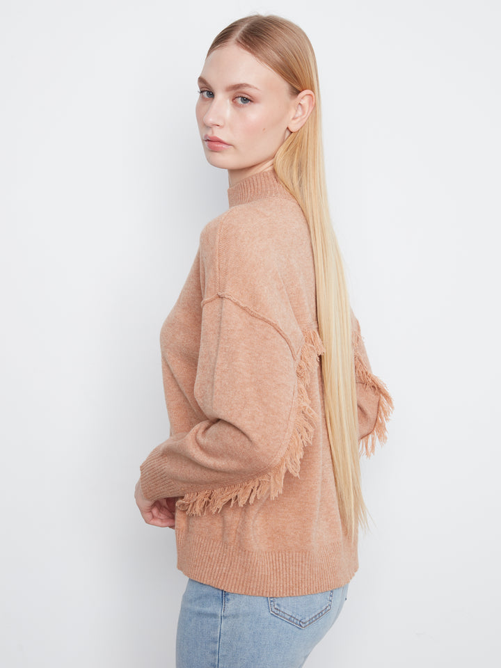 Long Sleeve Drop Shoulder Mock Neck Sweater With Fringes Detail At Back