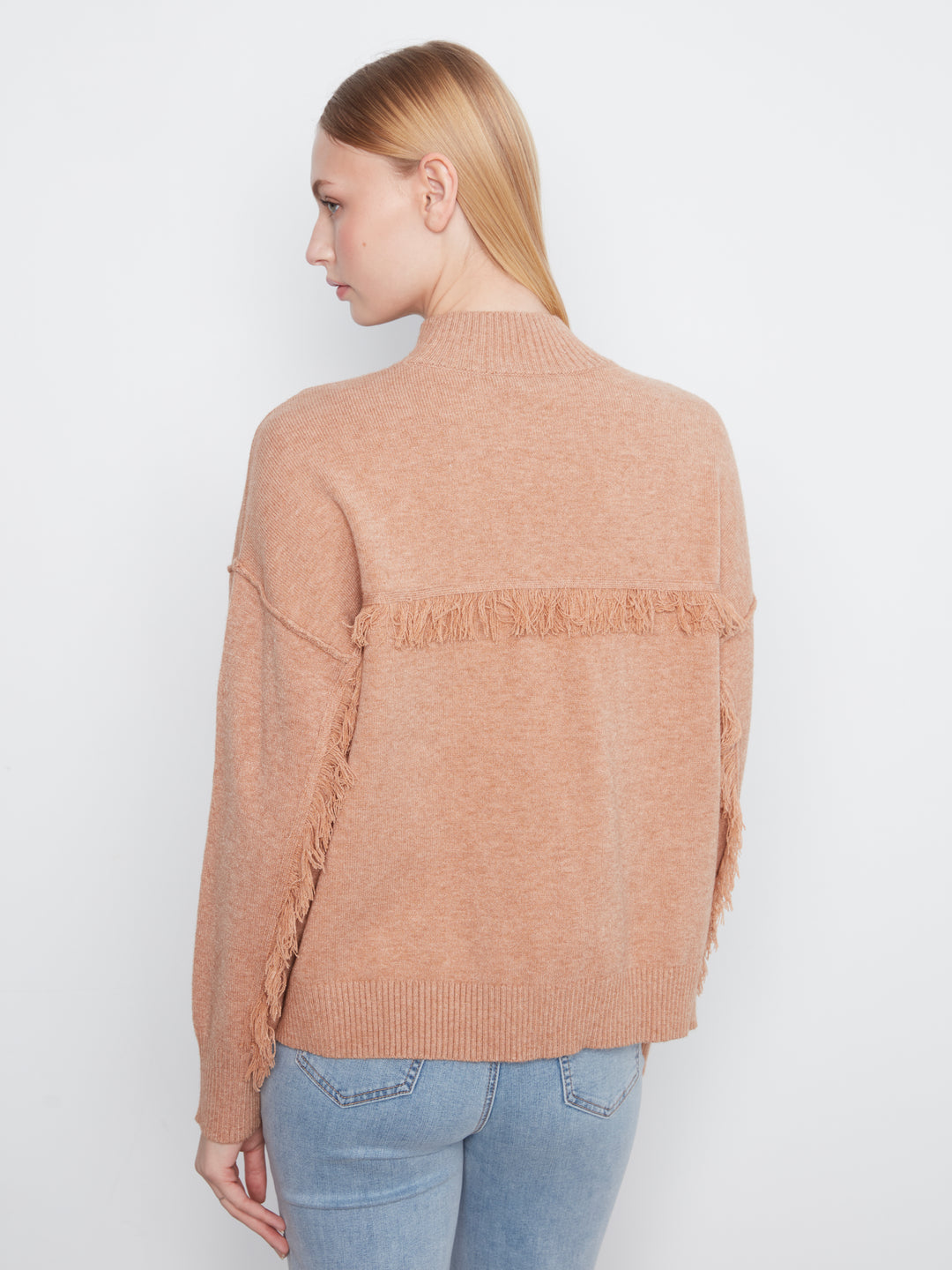 Long Sleeve Drop Shoulder Mock Neck Sweater With Fringes Detail At Back