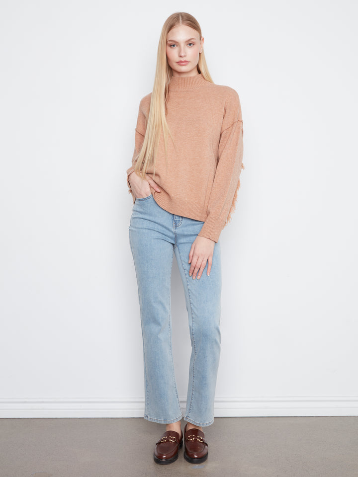 Long Sleeve Drop Shoulder Mock Neck Sweater With Fringes Detail At Back