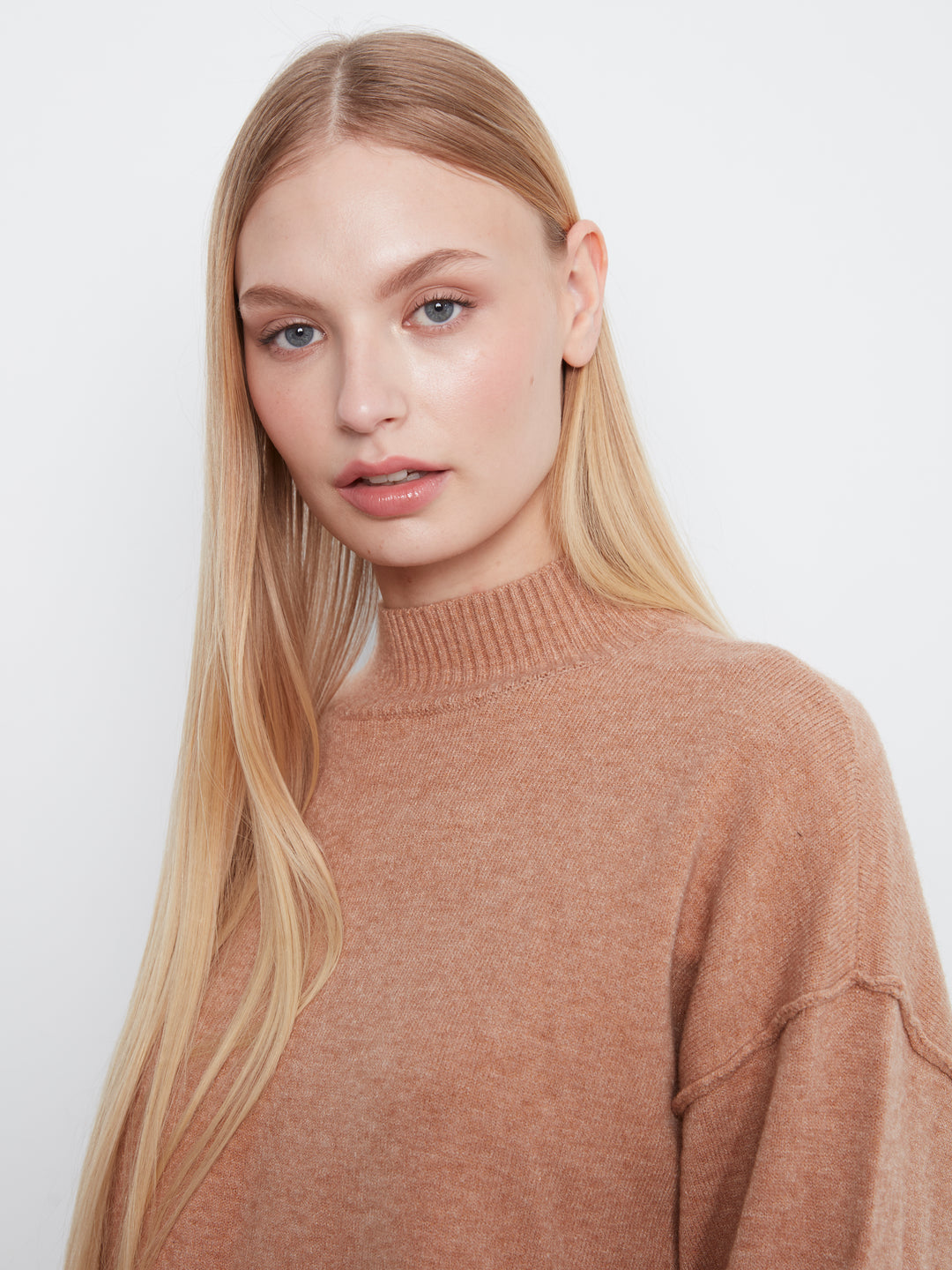 Long Sleeve Drop Shoulder Mock Neck Sweater With Fringes Detail At Back