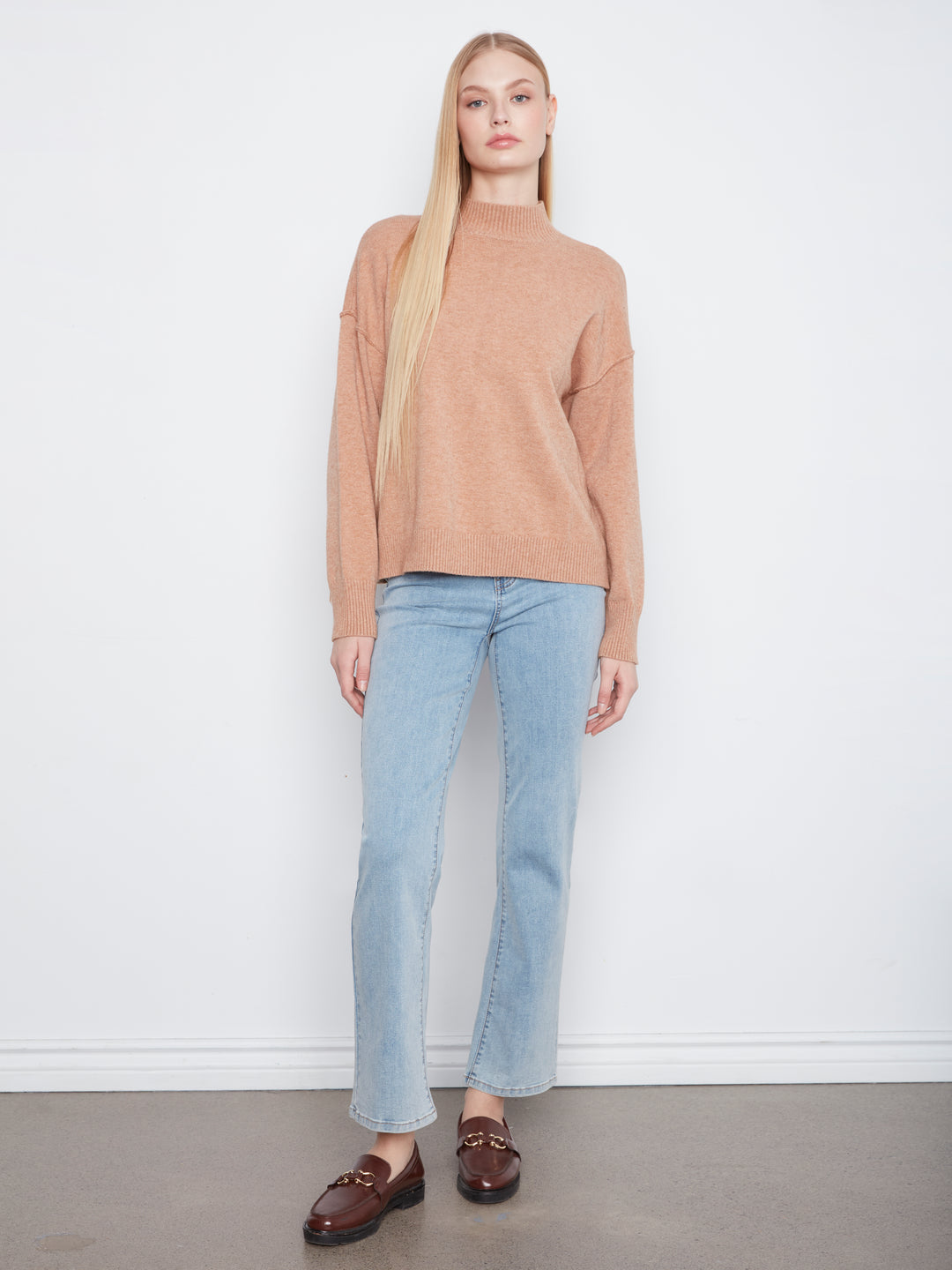 Long Sleeve Drop Shoulder Mock Neck Sweater With Fringes Detail At Back