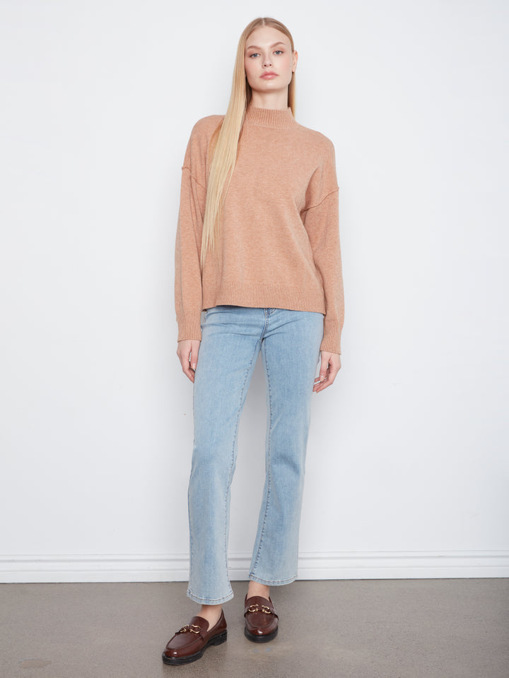 Long Sleeve Drop Shoulder Mock Neck Sweater With Fringes Detail At Back