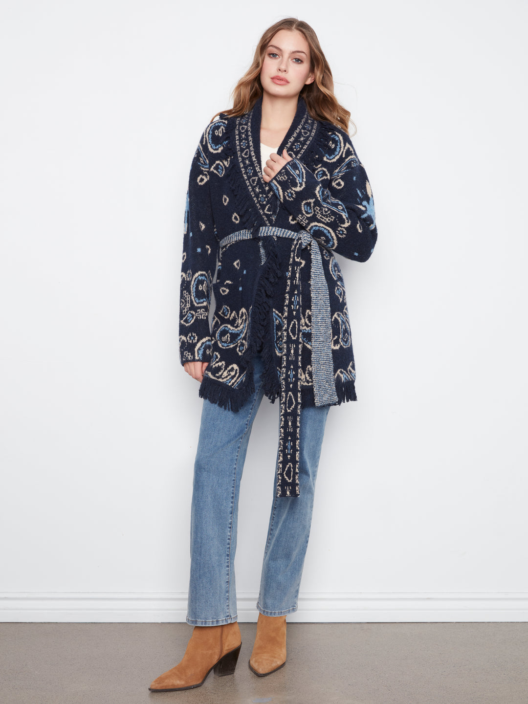 Long Sleeve Jacquard Sweater Cardigan With Self Belt & Pockets
