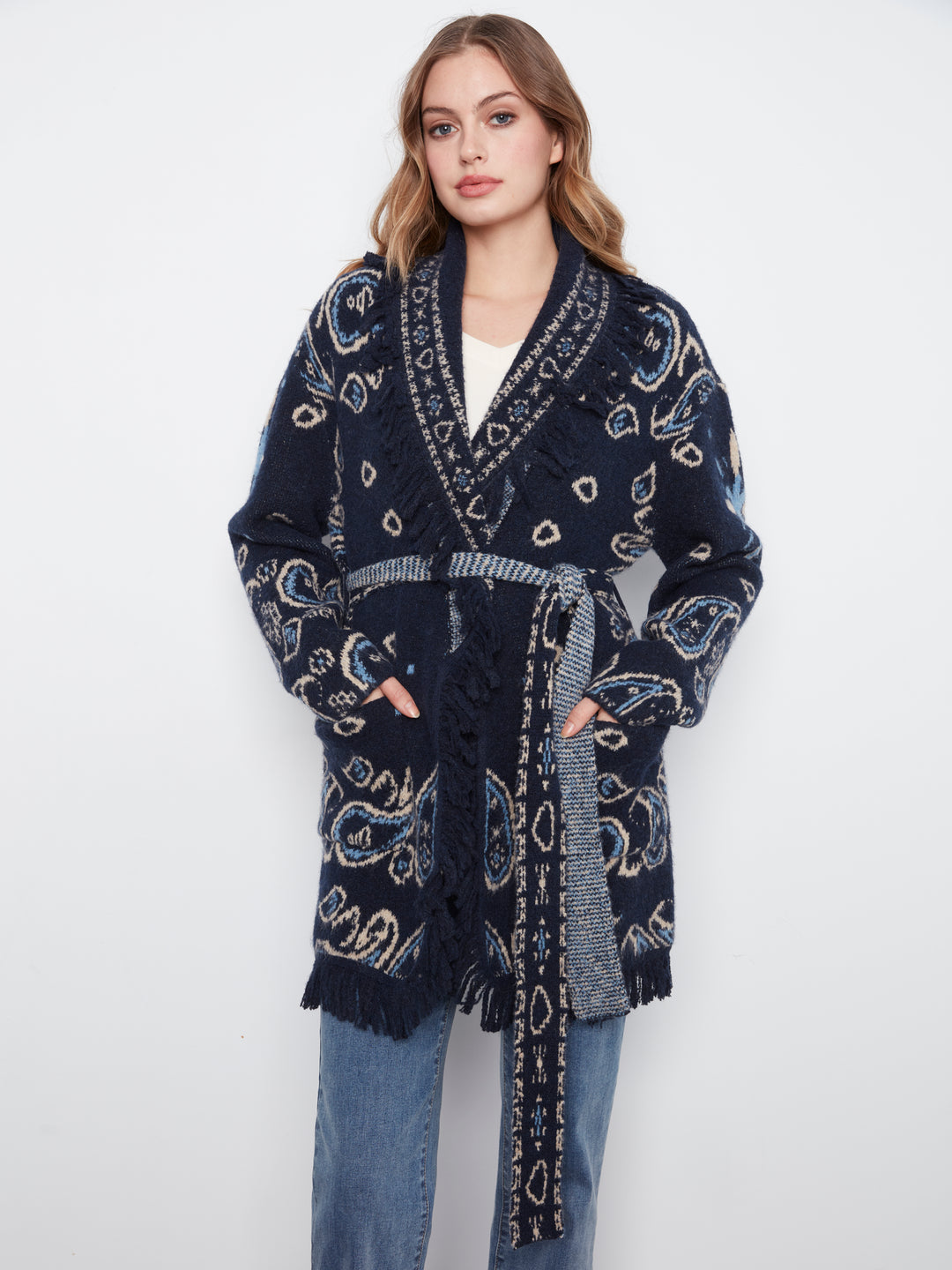 Long Sleeve Jacquard Sweater Cardigan With Self Belt & Pockets