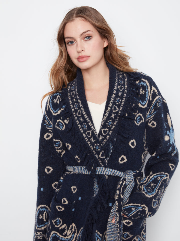 Long Sleeve Jacquard Sweater Cardigan With Self Belt & Pockets
