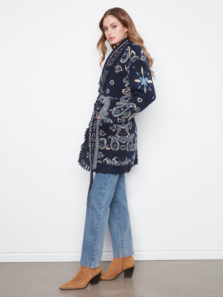 Long Sleeve Jacquard Sweater Cardigan With Self Belt & Pockets