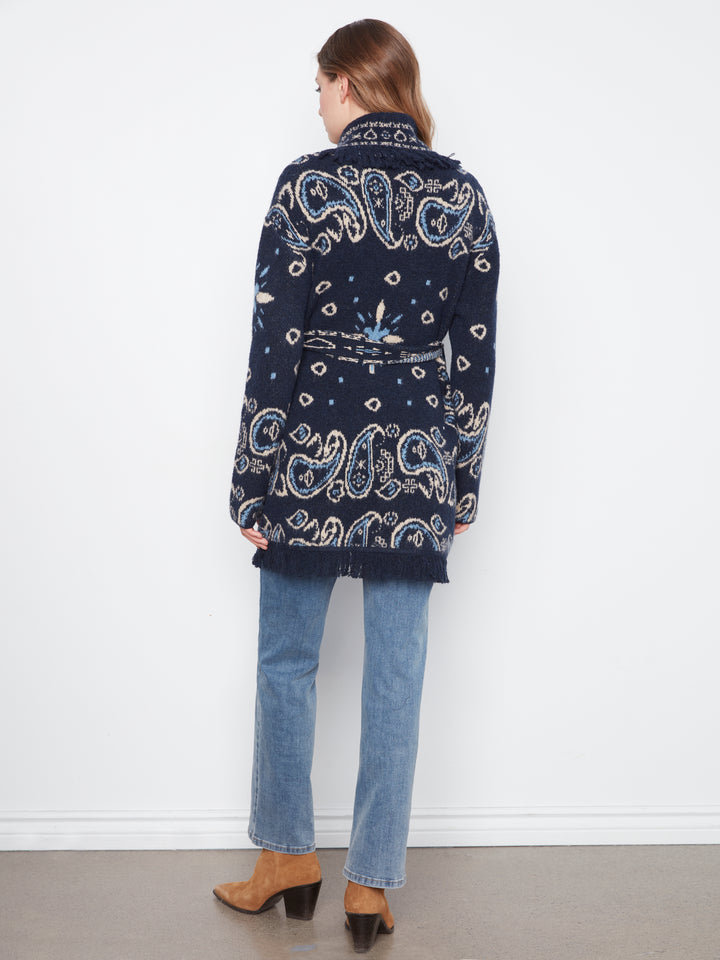 Long Sleeve Jacquard Sweater Cardigan With Self Belt & Pockets