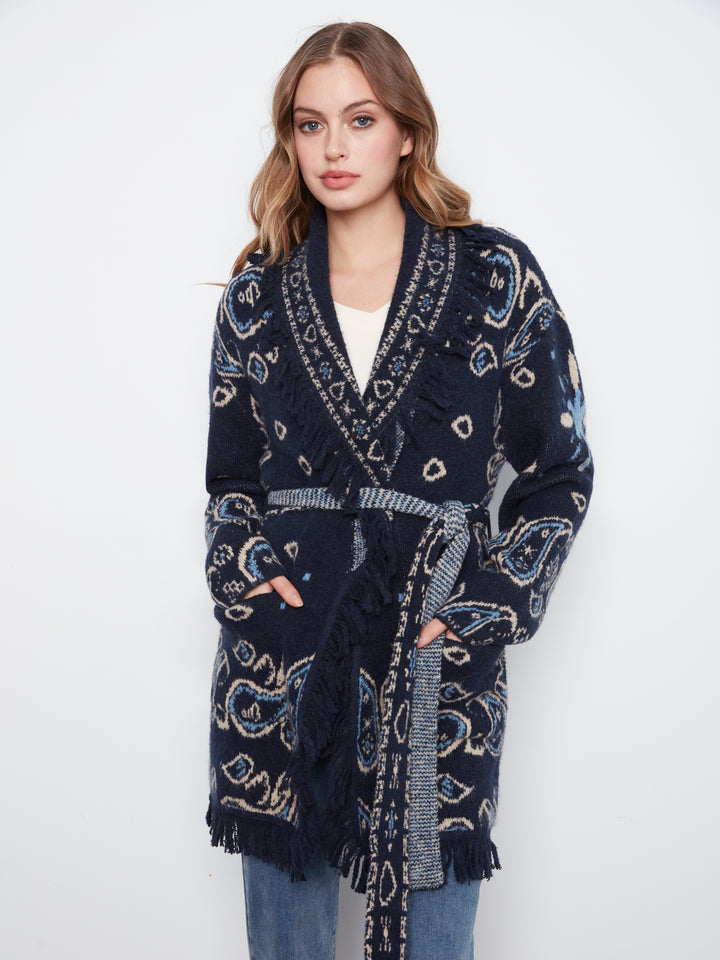 Long Sleeve Jacquard Sweater Cardigan With Self Belt & Pockets
