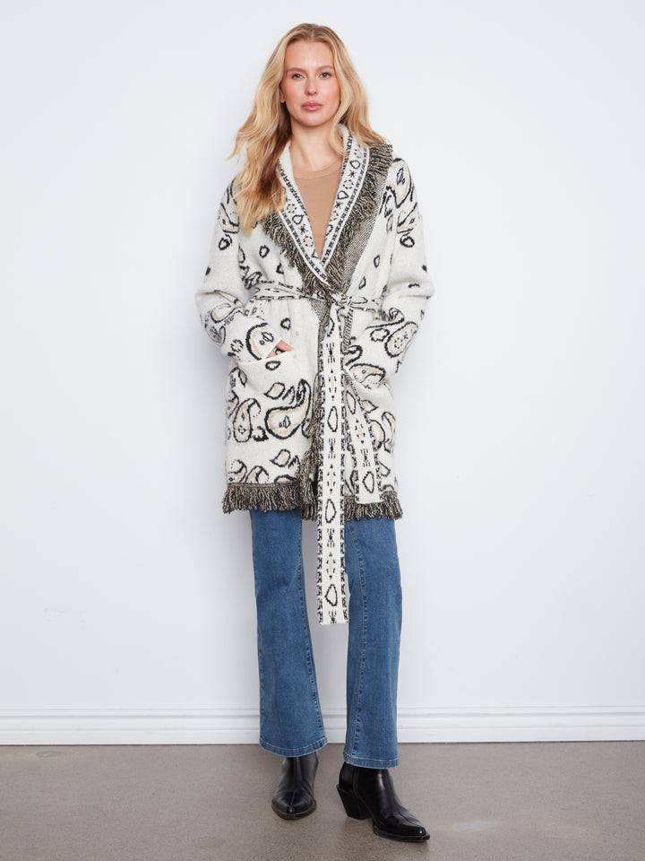 Long Sleeve Jacquard Sweater Cardigan With Self Belt & Pockets