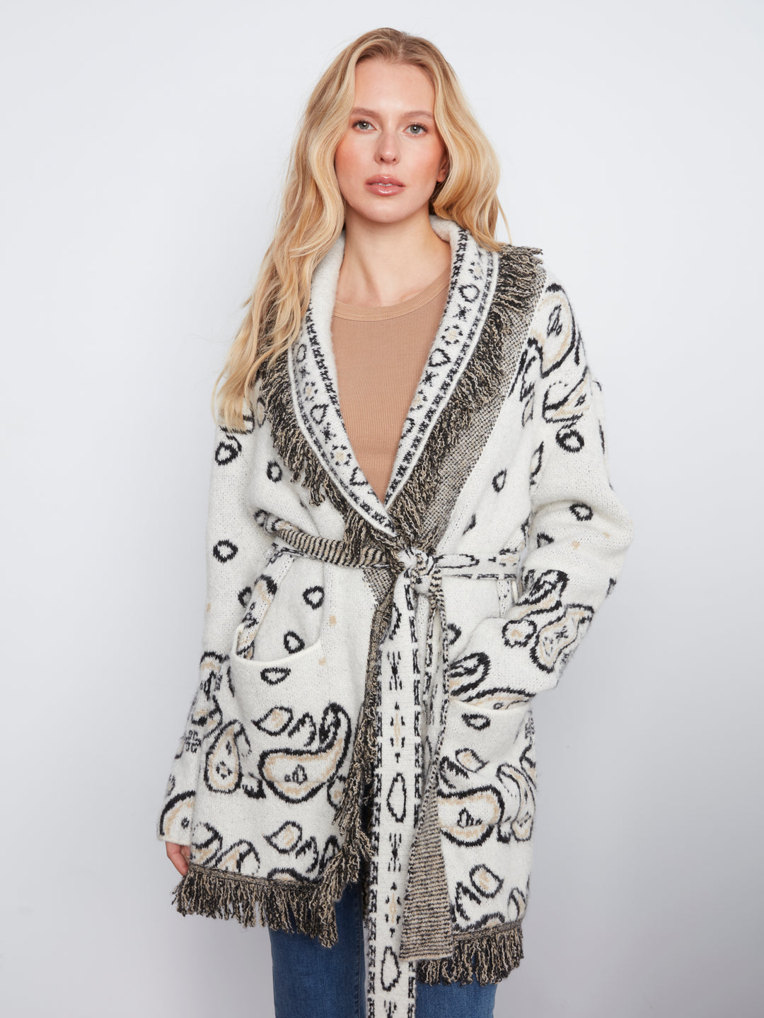 Long Sleeve Jacquard Sweater Cardigan With Self Belt & Pockets