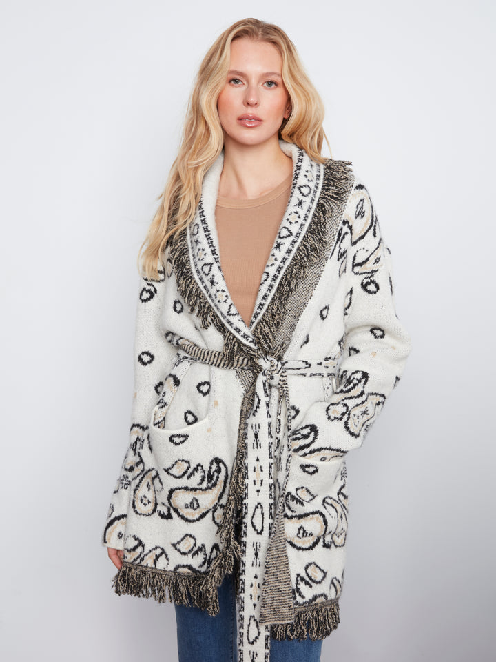 Long Sleeve Jacquard Sweater Cardigan With Self Belt & Pockets