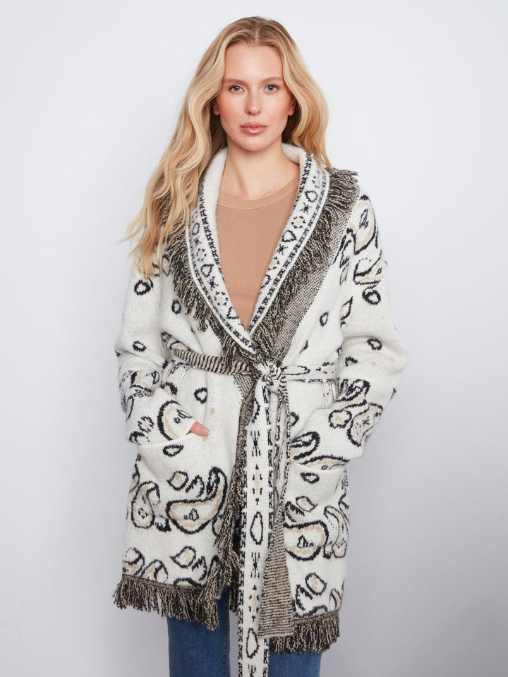 Long Sleeve Jacquard Sweater Cardigan With Self Belt & Pockets