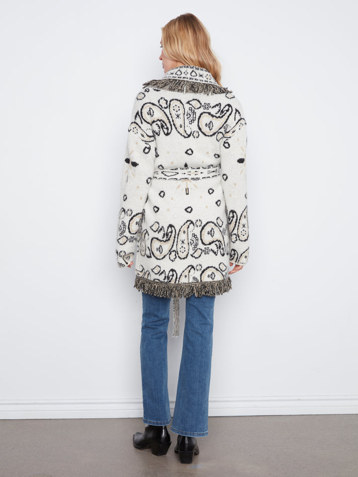 Long Sleeve Jacquard Sweater Cardigan With Self Belt & Pockets
