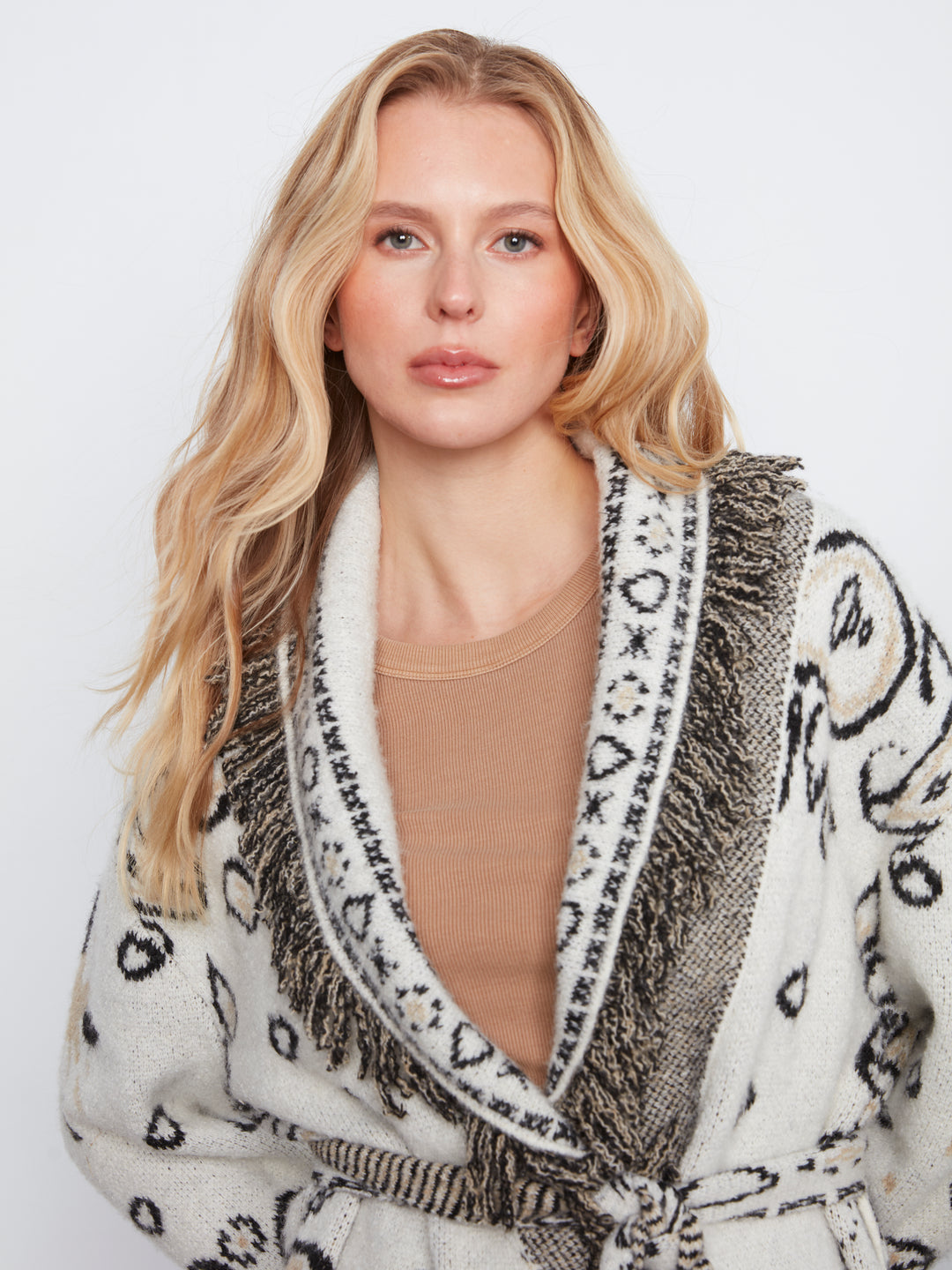 Long Sleeve Jacquard Sweater Cardigan With Self Belt & Pockets