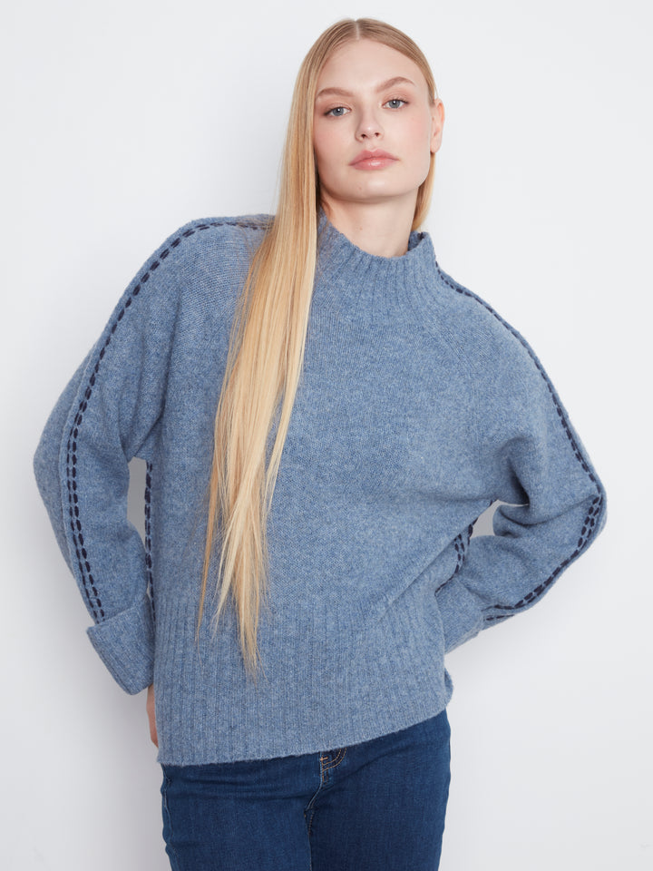 Long Raglan Sleeve Mock Neck With Stitch Detail