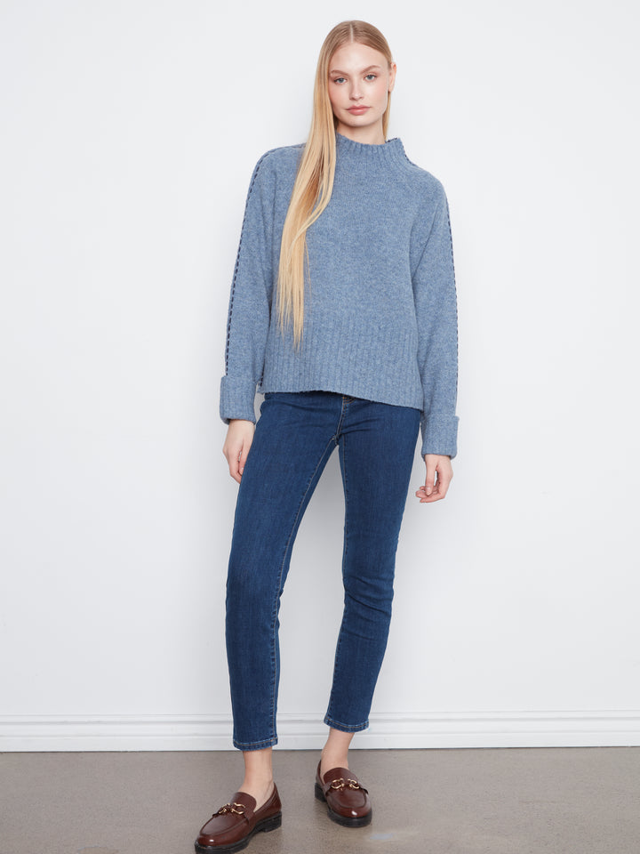 Long Raglan Sleeve Mock Neck With Stitch Detail