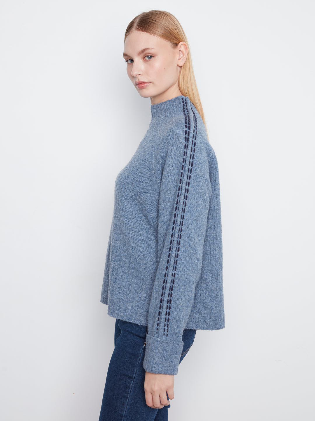 Long Raglan Sleeve Mock Neck With Stitch Detail