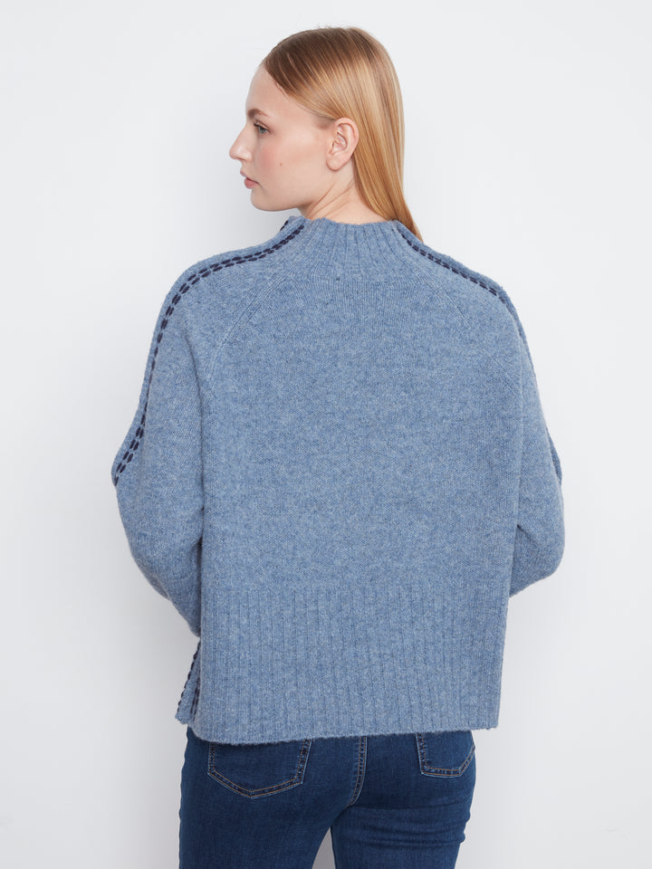 Long Raglan Sleeve Mock Neck With Stitch Detail