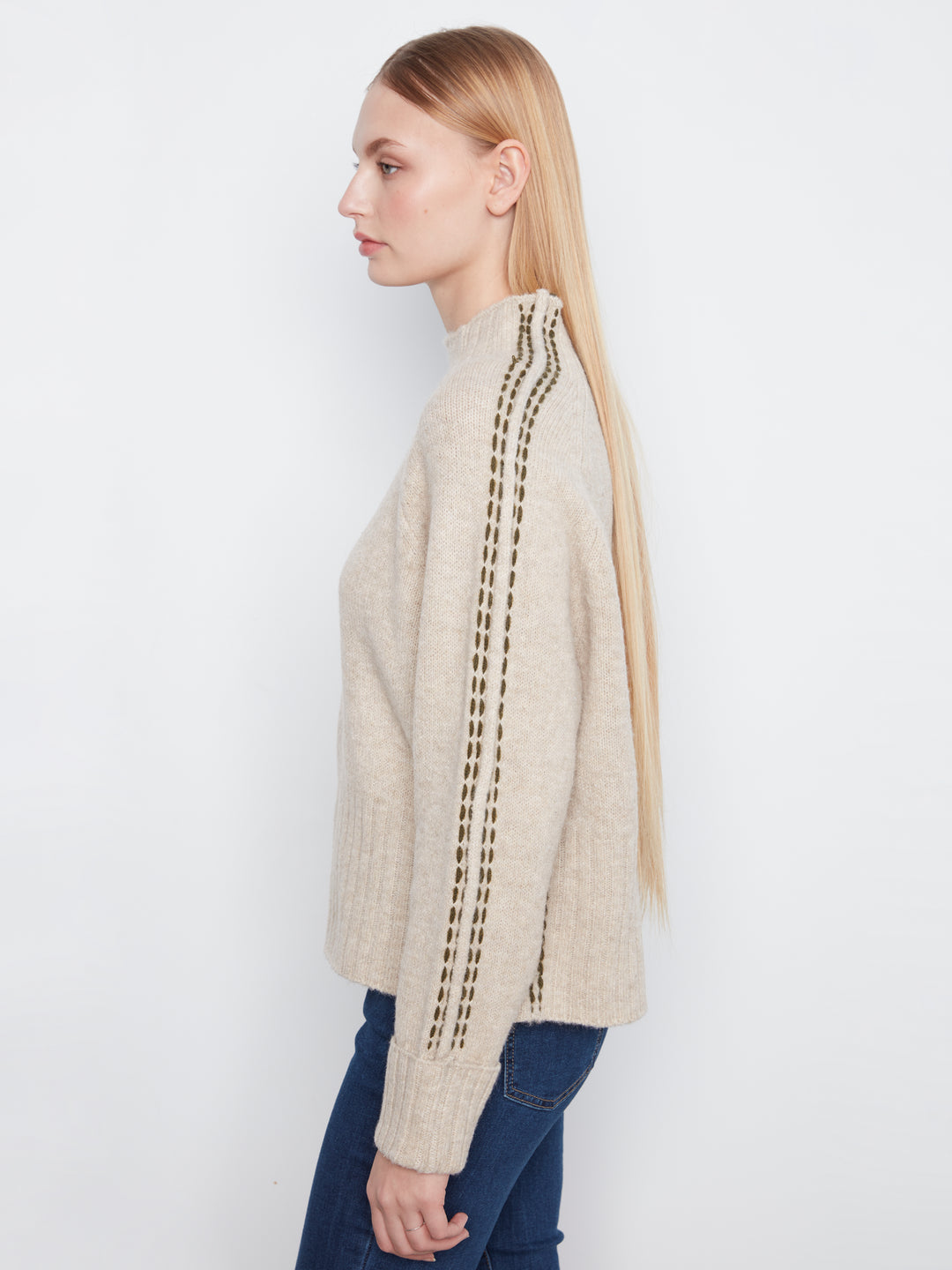 Long Raglan Sleeve Mock Neck With Stitch Detail